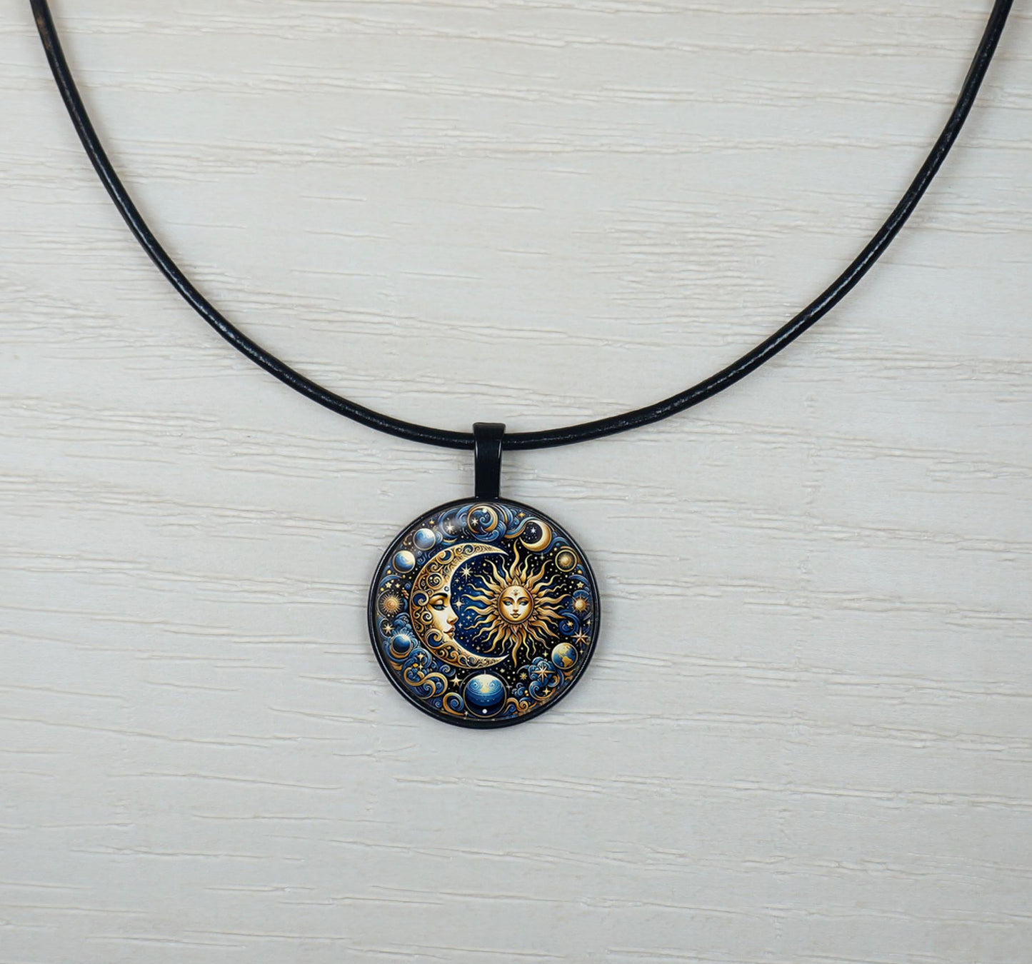 Blue Highly Detailed Sun Goddess & Moon Pendant Leather Cord Statement Necklace, Color and Length Choices
