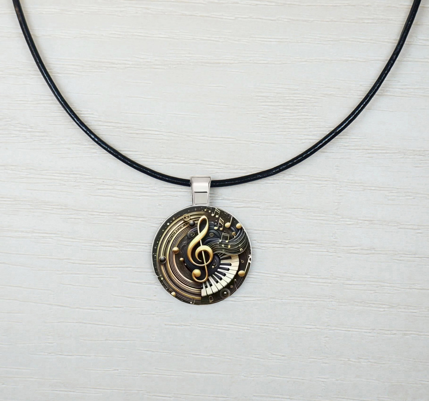 Intricate Highly Detailed 2-D Musical Treble Clef Pendant Black Leather Cord Necklace, Length Choices, Gift for Her or Gift for Him
