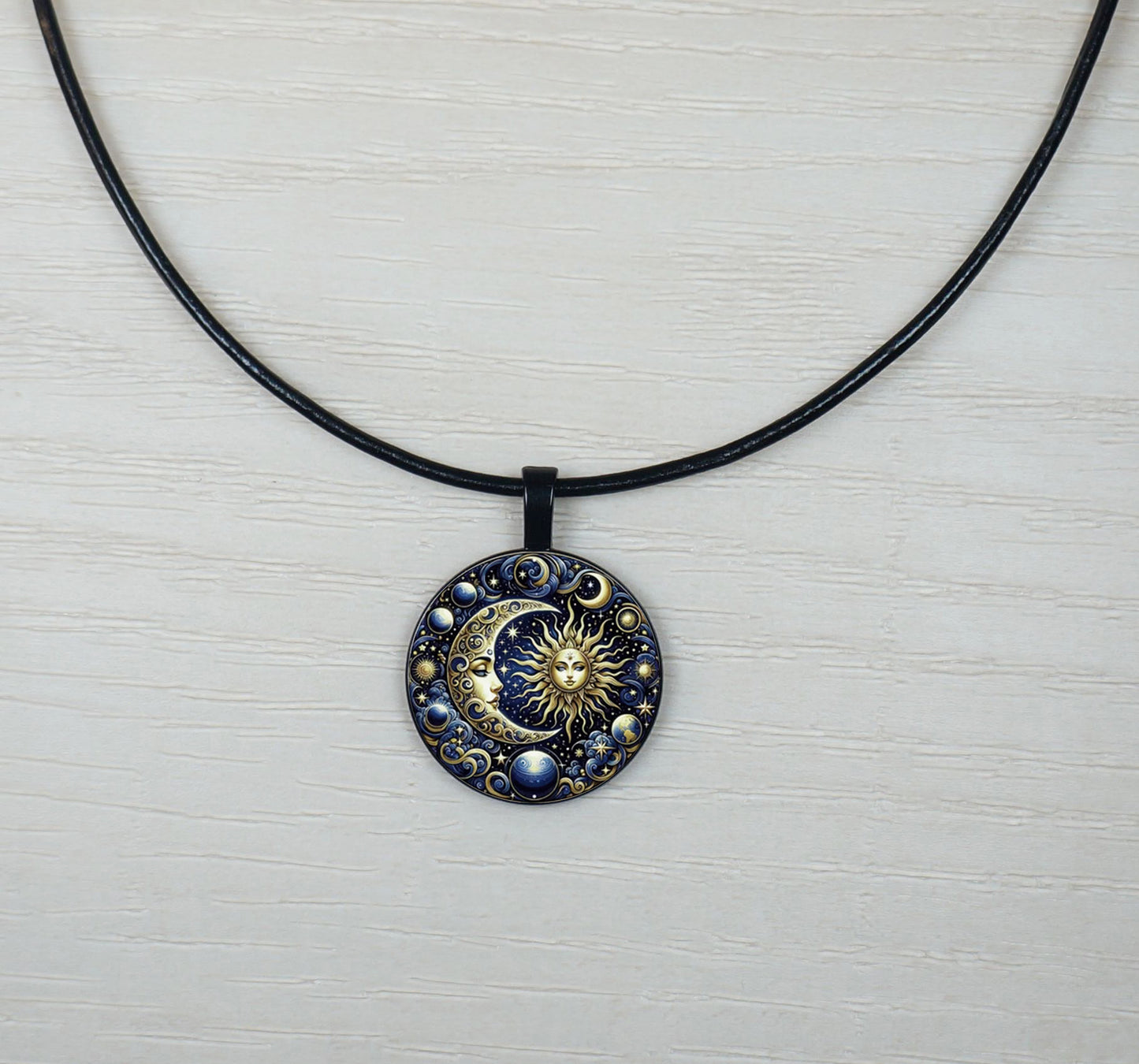 Blue Highly Detailed Sun Goddess & Moon Pendant Leather Cord Statement Necklace, Color and Length Choices
