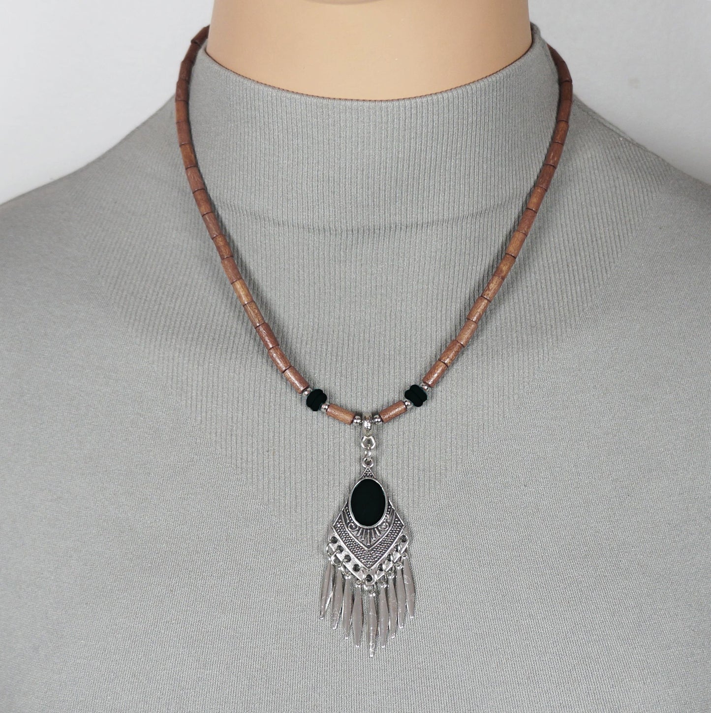 Black and Brown Wood Western Style Beaded Boho Statement Necklace – Length Choices