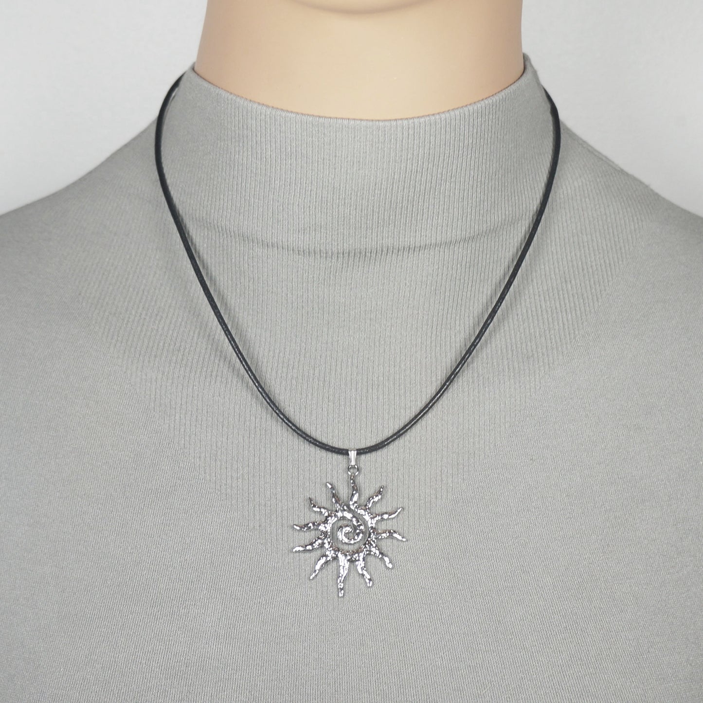 Celestial Hammered Silver Boho Sun Pendant Black Leather Cord Necklace, Length Choices