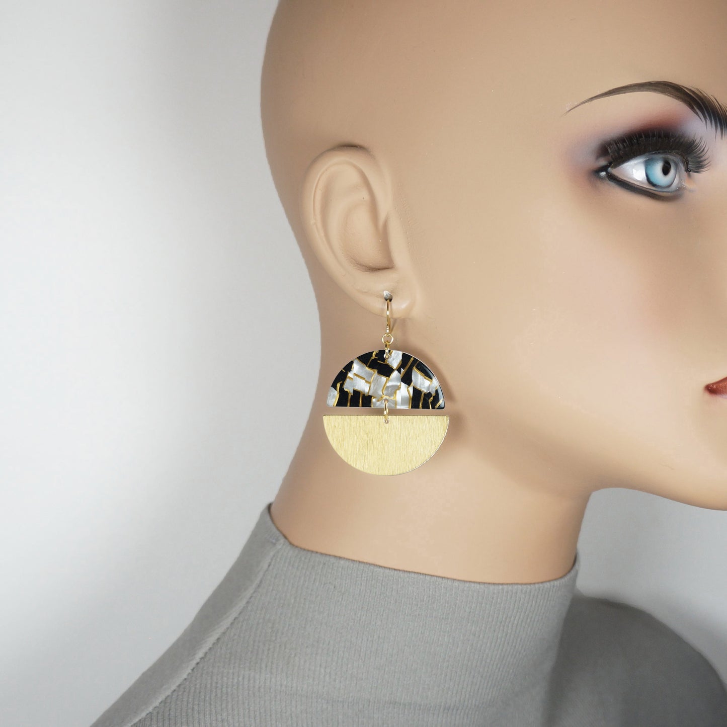 Double Gold and Colored Acrylic Boho Statement Earrings, 18K Gold Ear Wires