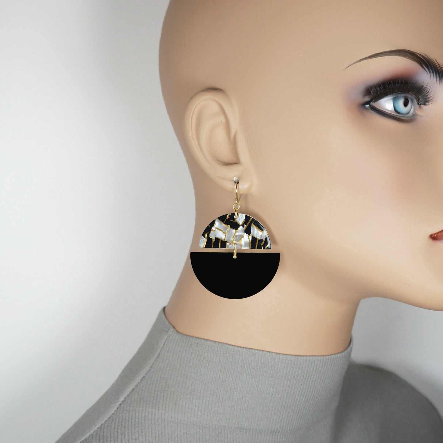 Double Half Moon Black and Colored Acrylic Boho Hoop Statement Earrings, 18K Gold Ear Wires