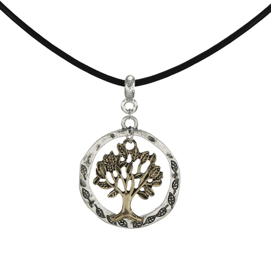Unisex Leather Cord with Gold & Silver Tree of Life, Black or Tan, Length Choices