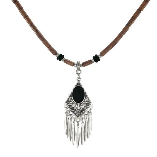 Black and Brown Wood Western Style Beaded Boho Statement Necklace – Length Choices