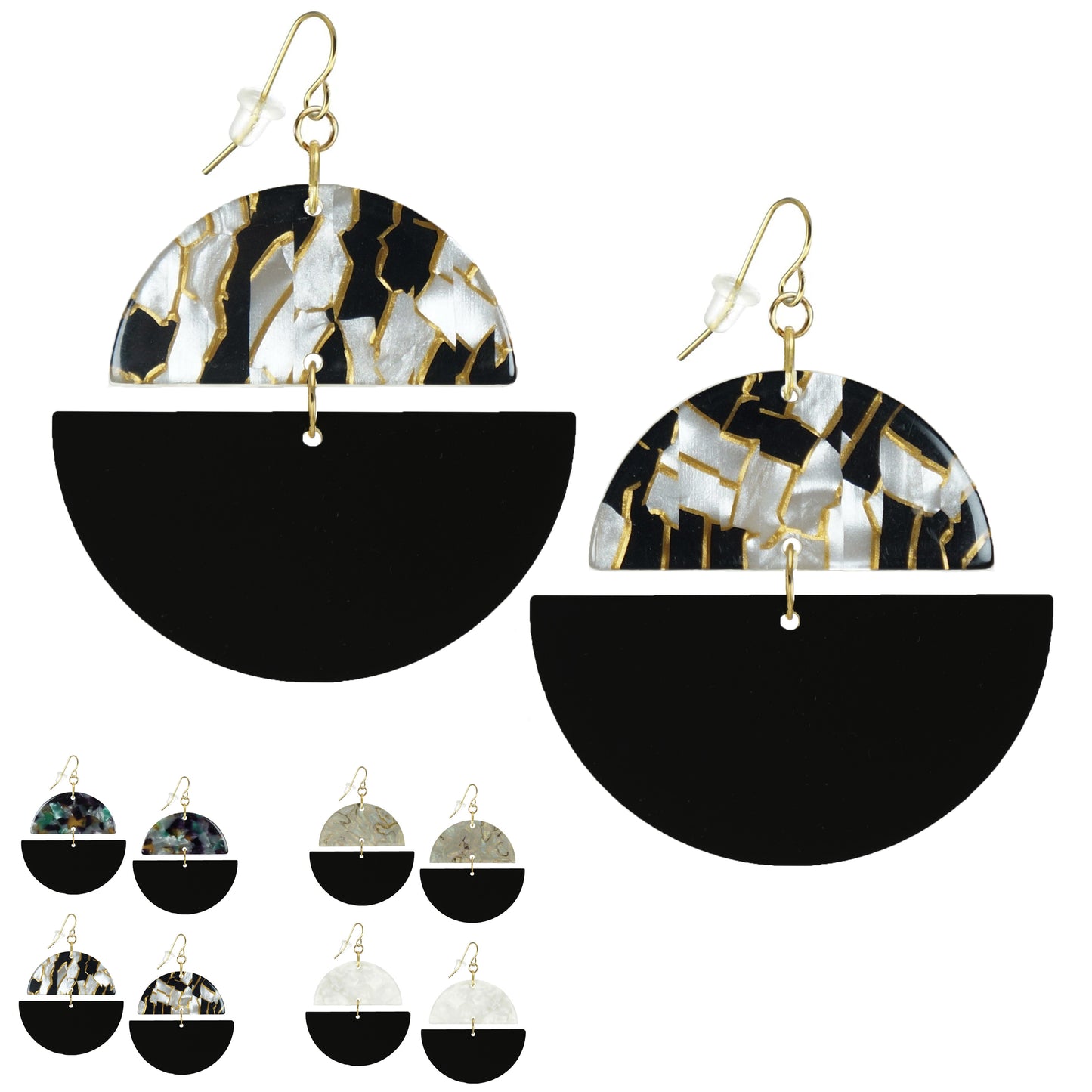 Double Half Moon Black and Colored Acrylic Boho Hoop Statement Earrings, 18K Gold Ear Wires
