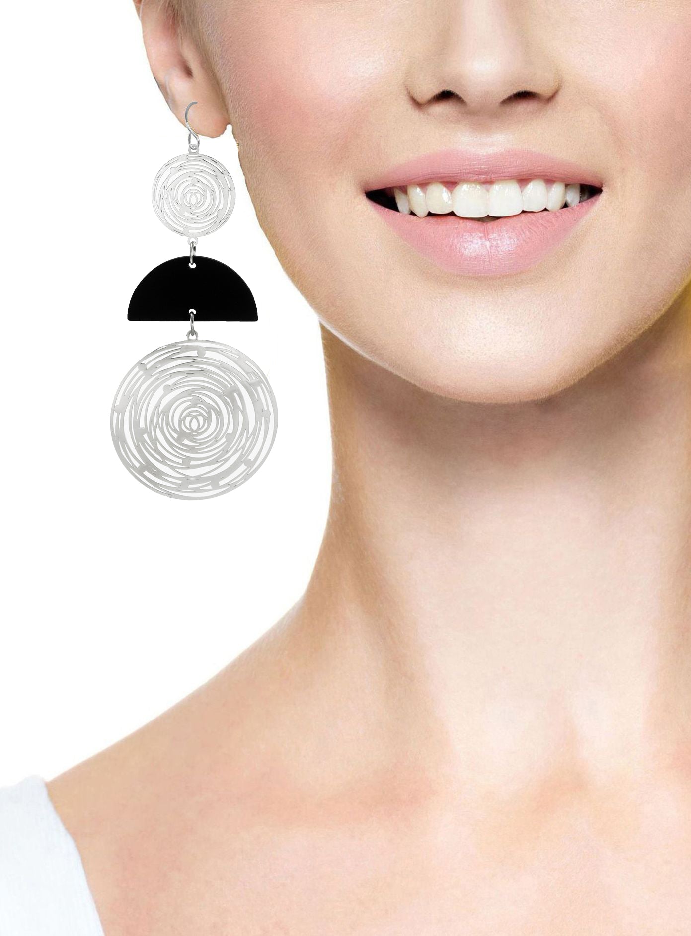 Large Black & Silver Circles Lightweight Hoop Statement Earrings, Platinum Ear Wires