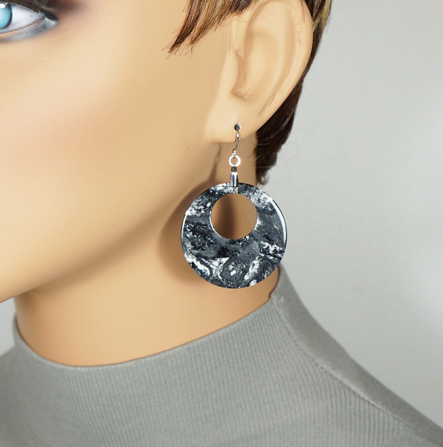 Lightweight Acrylic Boho Donut Statement Earrings, Platinum Ear Wires, Black or Red