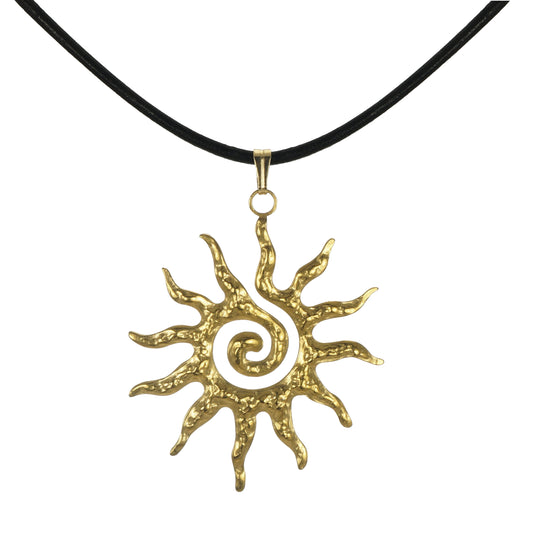 Celestial Hammered Gold Boho Sun Pendant Black Leather Cord Necklace, Length Choices