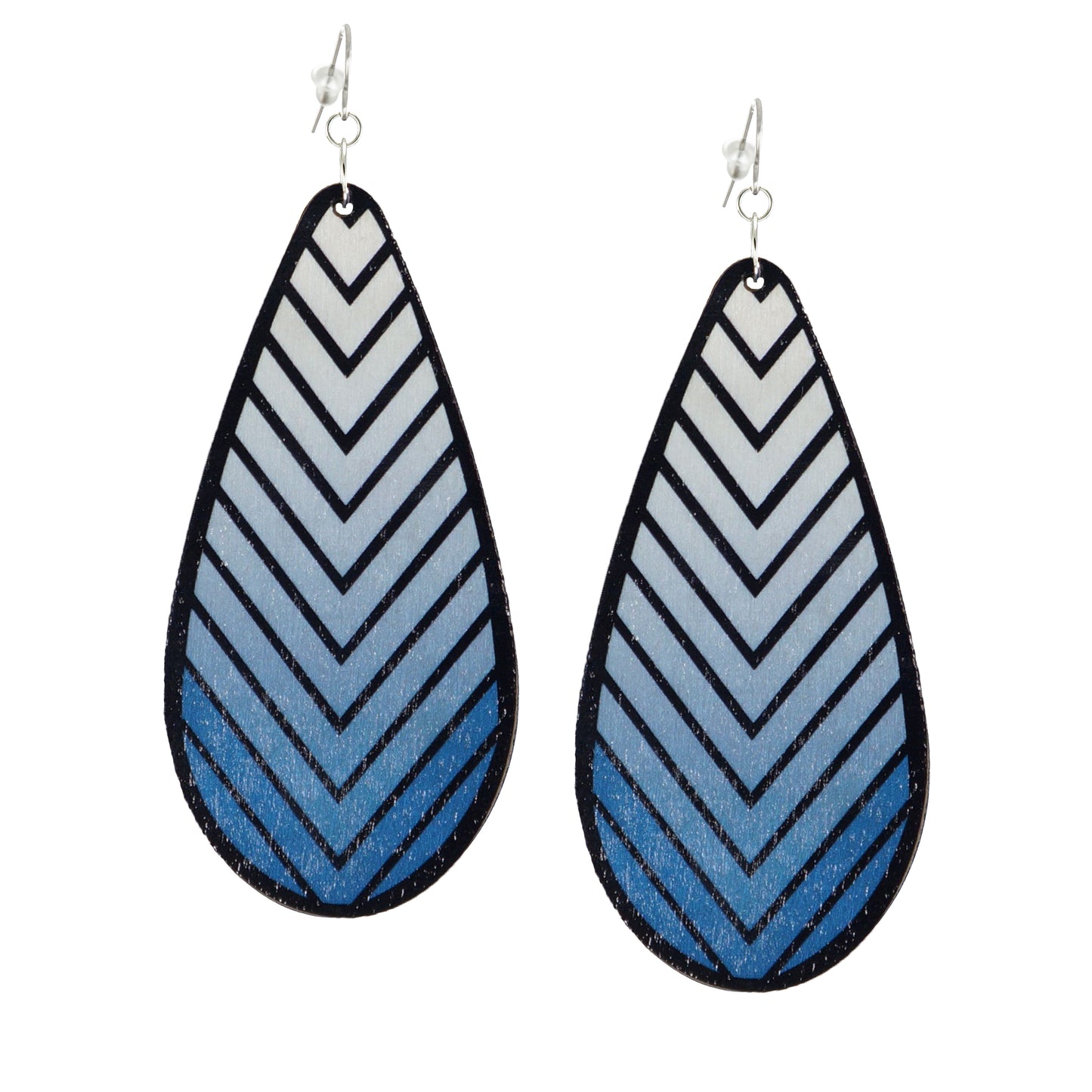 Lightweight Blue Chevron Wood Teardrop Boho Statement Earrings, Platinum Wires
