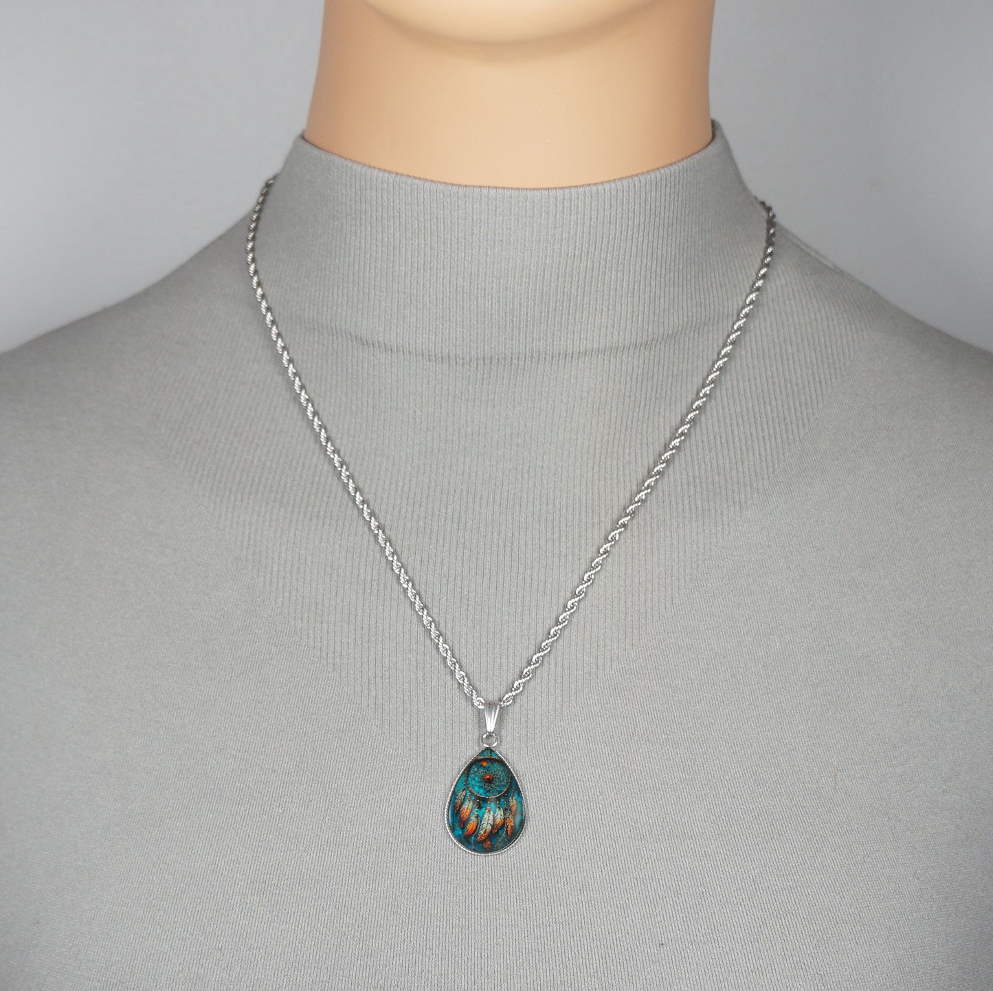 High Quality Stainless Steel Rope Chain with Blue or Tan boho Dream Catcher Teardrop Pendant – 19 1/2 inches