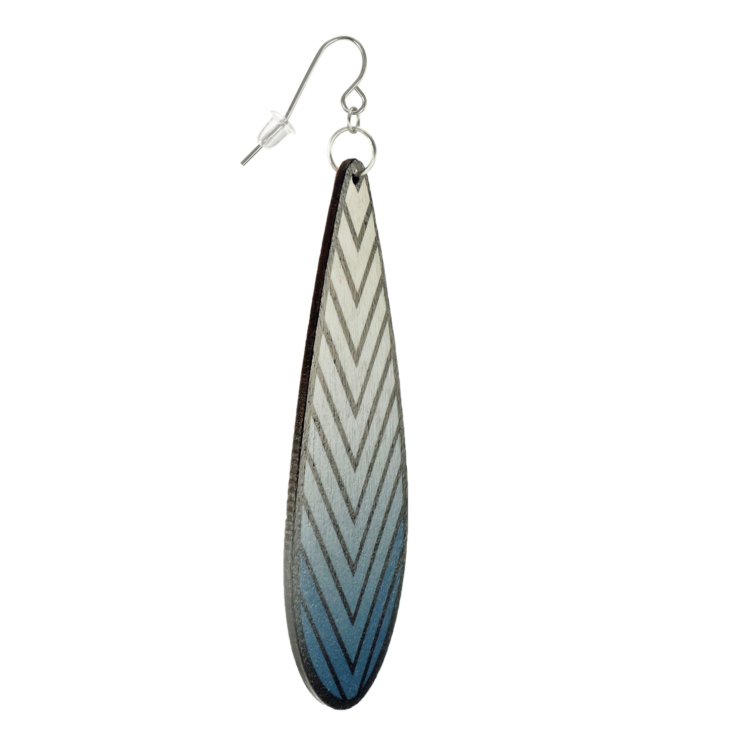 Lightweight Blue Chevron Wood Teardrop Boho Statement Earrings, Platinum Wires