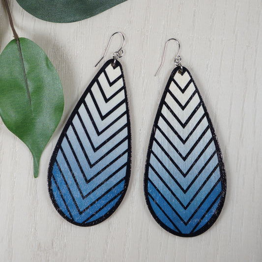 Lightweight Blue Chevron Wood Teardrop Boho Statement Earrings, Platinum Wires