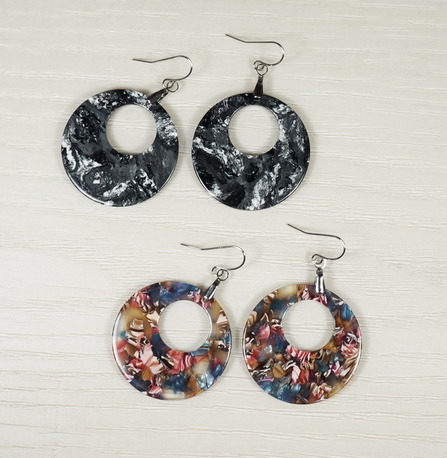 Lightweight Acrylic Boho Donut Statement Earrings, Platinum Ear Wires, Black or Red