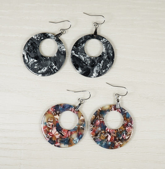 Lightweight Acrylic Boho Donut Statement Earrings, Platinum Ear Wires, Black or Red