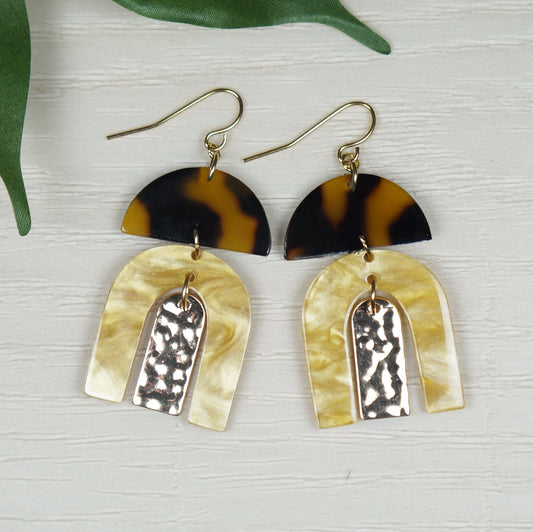 Gold and Brown Acrylic Boho Statement Earrings, 18K Gold Ear Wires