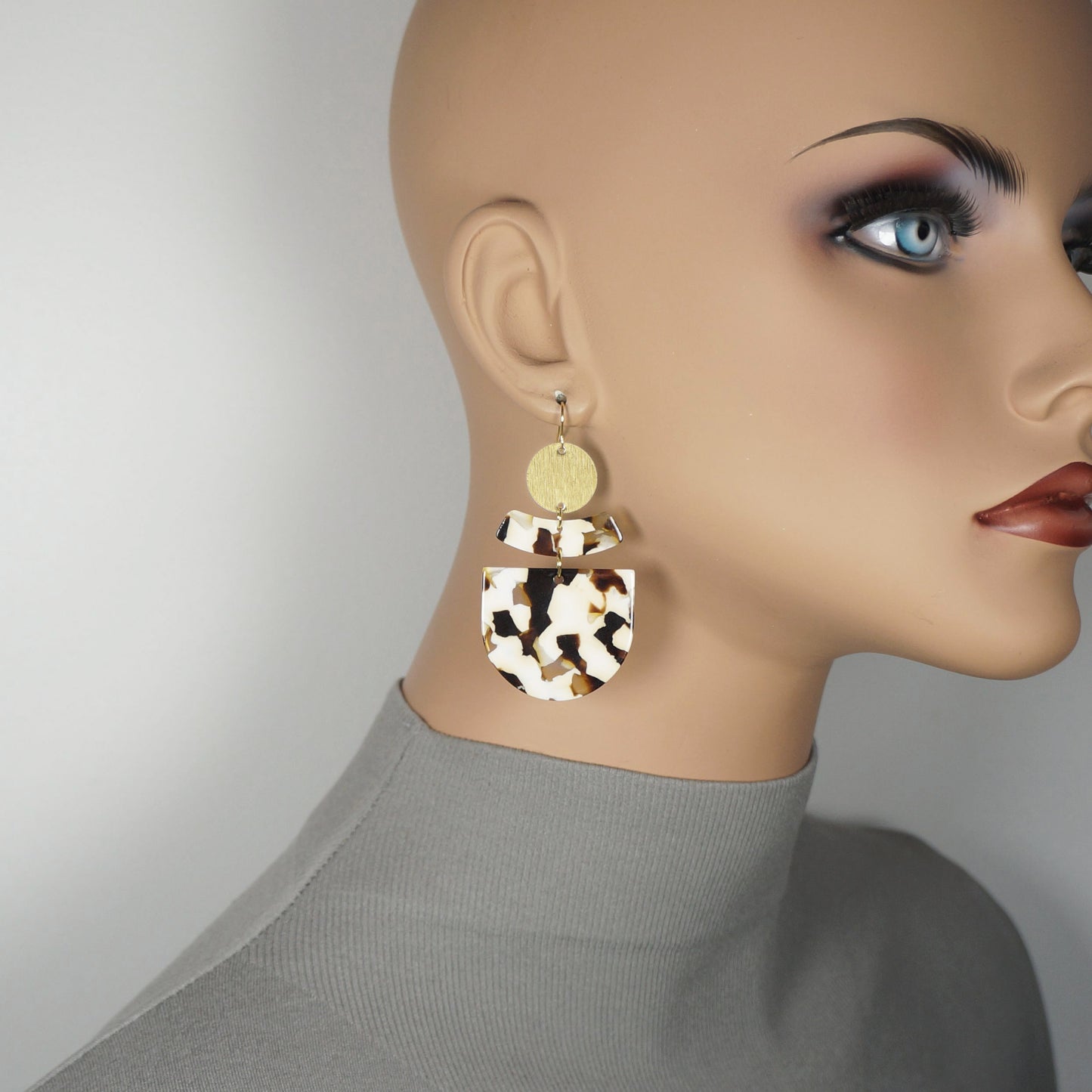 Beige Brown and Gold Patterned Lightweight Boho Statement Earrings 18K Ear Wires