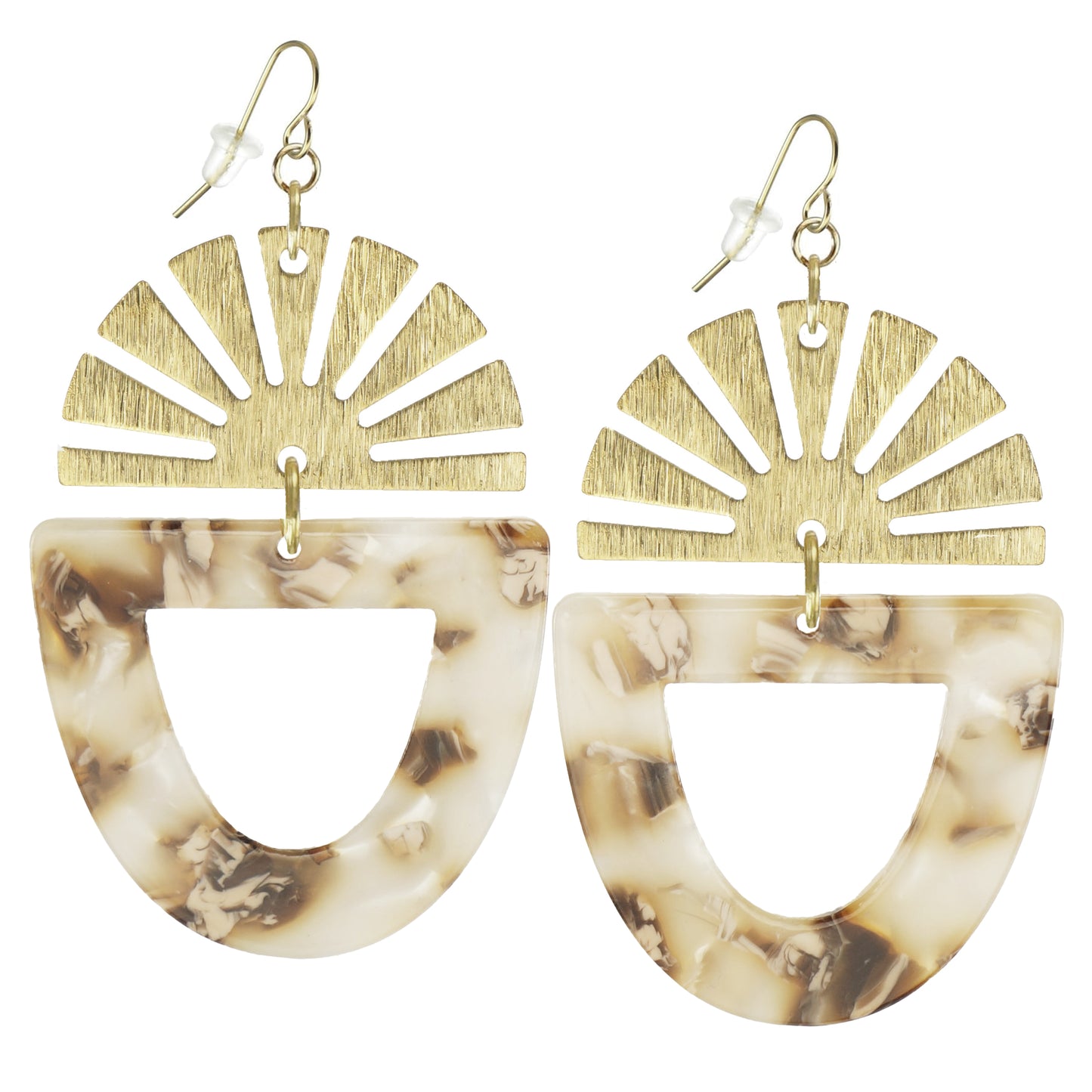 Brushed Gold Rising Sun & Acrylic Statement Earrings, 18K Gold Ear Wires, Color Choice