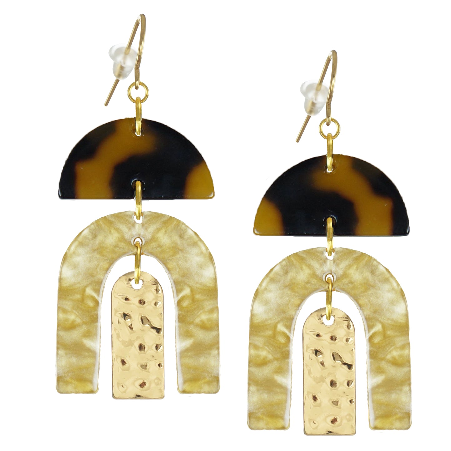Gold and Brown Acrylic Boho Statement Earrings, 18K Gold Ear Wires