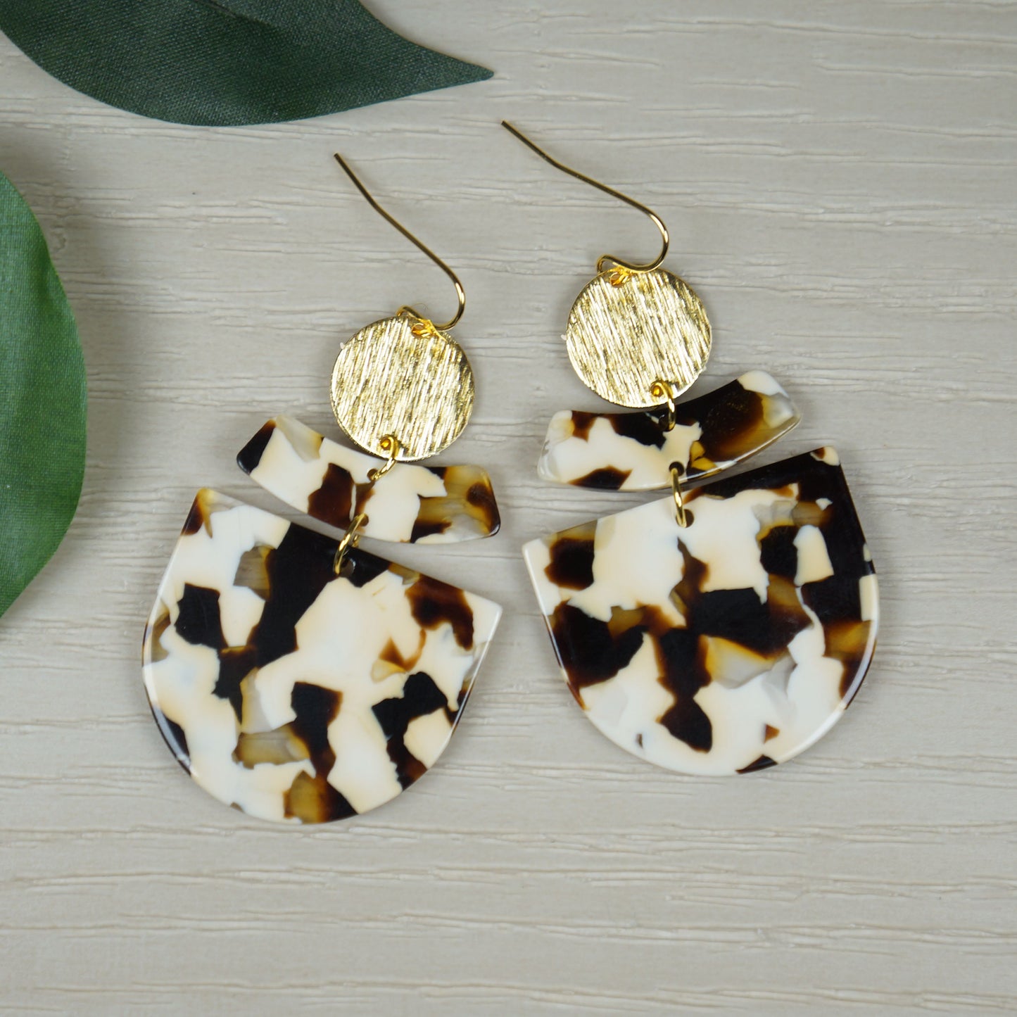 Beige Brown and Gold Patterned Lightweight Boho Statement Earrings 18K Ear Wires