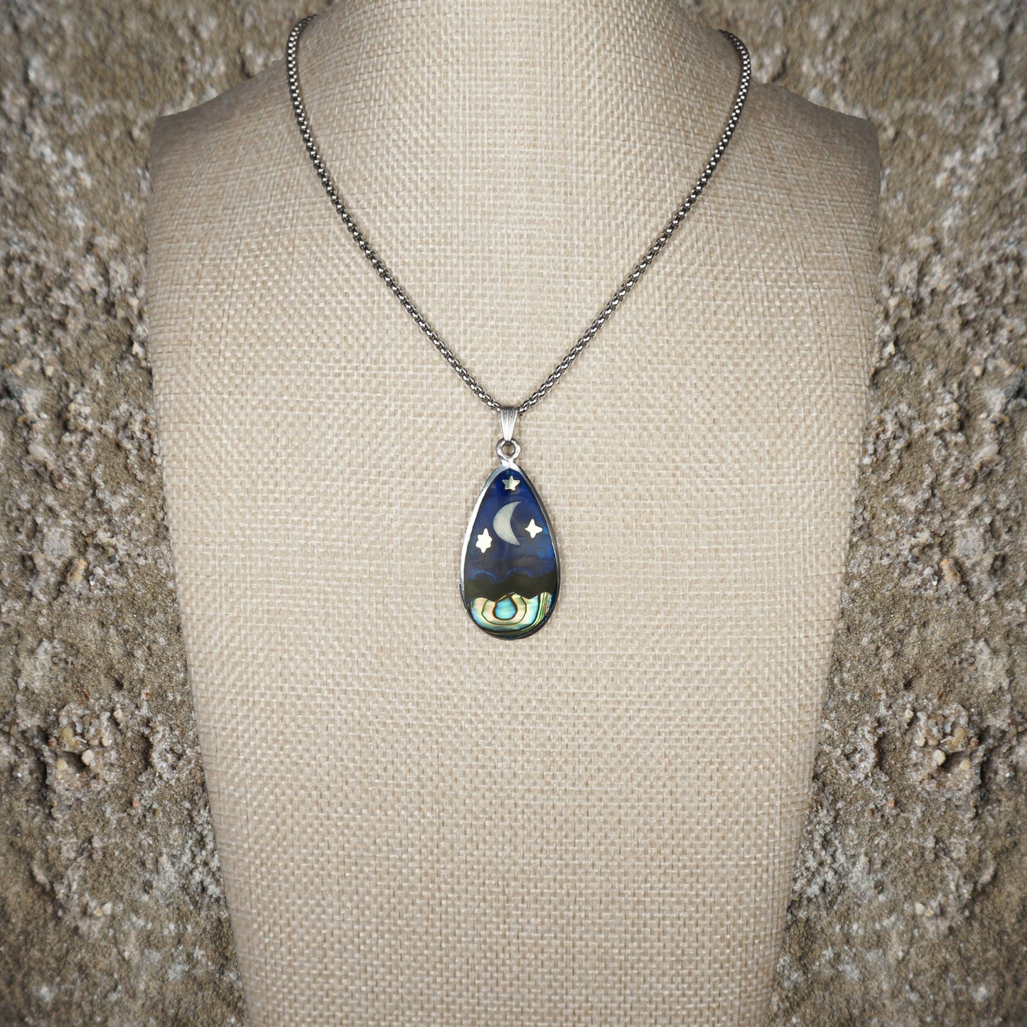 Unisex Moon and Stars Abalone Teardrop Pendant, Stainless Steel Chain Necklace, Length Choices