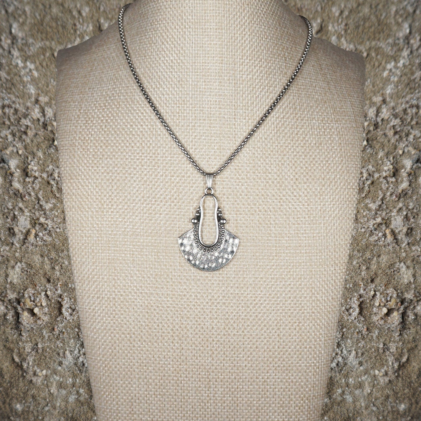 Rustic Silver Fan Shape Boho Pendant, Stainless Steel Chain Necklace, Length Choices, Gift for Her