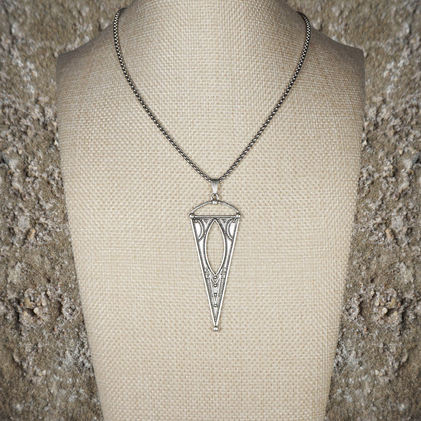Rustic Silver Triangle Western Themed Boho Pendant, Stainless Steel Chain Necklace, Length Choices