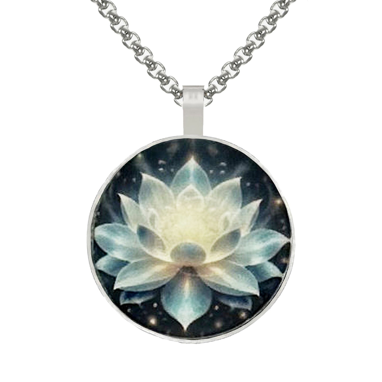 Small Lotus Flower Printed Pendant, Stainless Steel Chain Necklace, Length Choices, Feminine Gift for Her