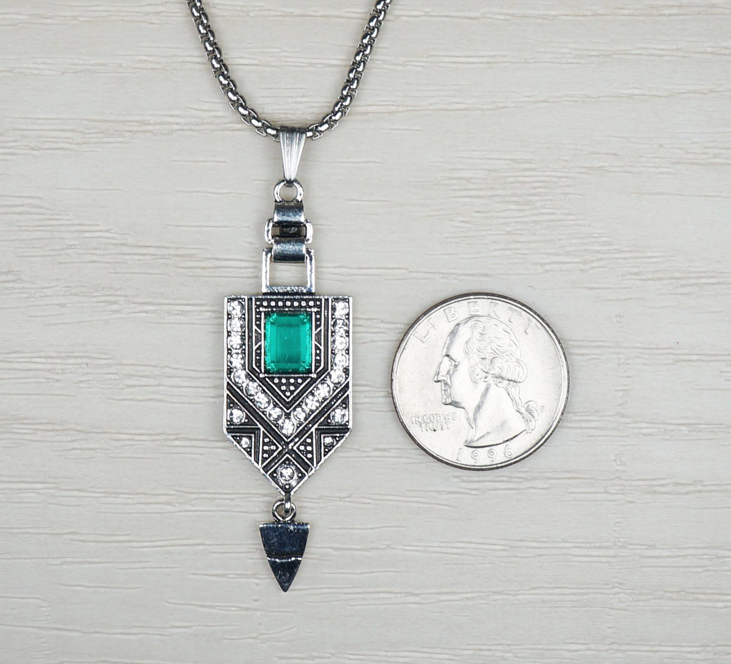 Art Deco Egyptian Inspired Silver & Green Vintage Pendant, Stainless Steel Chain Necklace, Length Choices