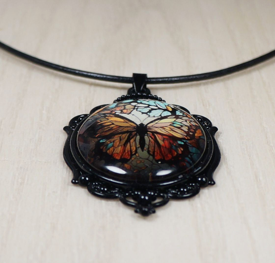 Intricate Highly Detailed Oval 2-D Butterfly Pendant Leather Cord Boho Necklace, Black or Tan Leather, Length Choicesngth Choices, Gift for Her (Copy)