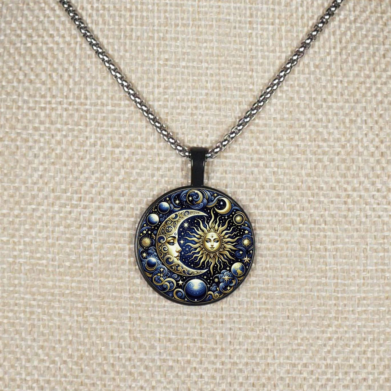 Celestial Blue Highly Detailed Sun Moon Boho Pendant, Stainless Steel Chain Necklace, Length Choices