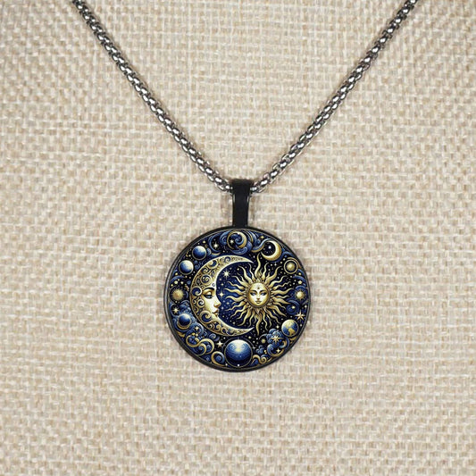 Celestial Blue Highly Detailed Sun Moon Boho Pendant, Stainless Steel Chain Necklace, Length Choices
