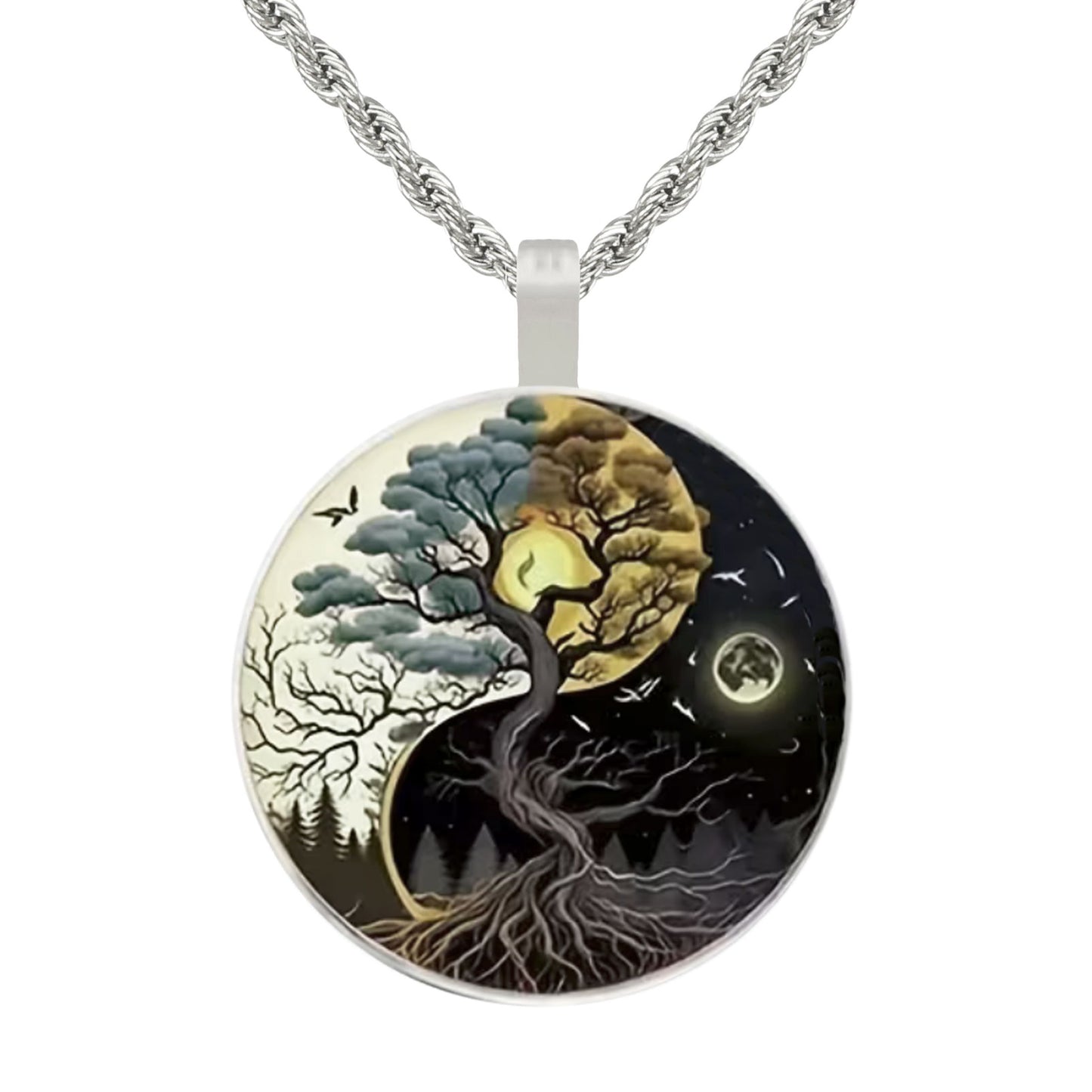 Intricate Highly Detailed Yin Yang Tree of Life Pendant on Solid Stainless Steel Rope Chain, 20 Inch, Unisex Gift