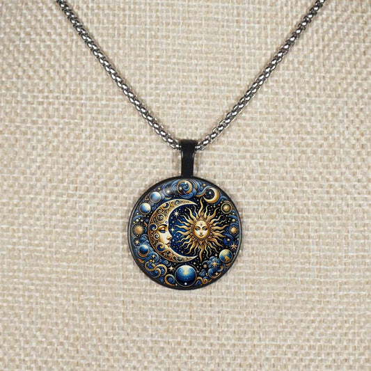 Celestial Blue Highly Detailed Sun Moon Boho Pendant, Stainless Steel Chain Necklace, Length Choices