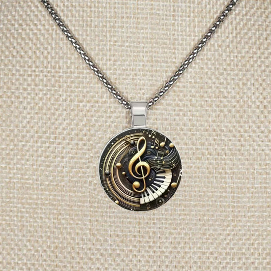 Intricate Highly Detailed 2-D Treble Clef Music Pendant, Stainless Steel Necklace, Length Choices