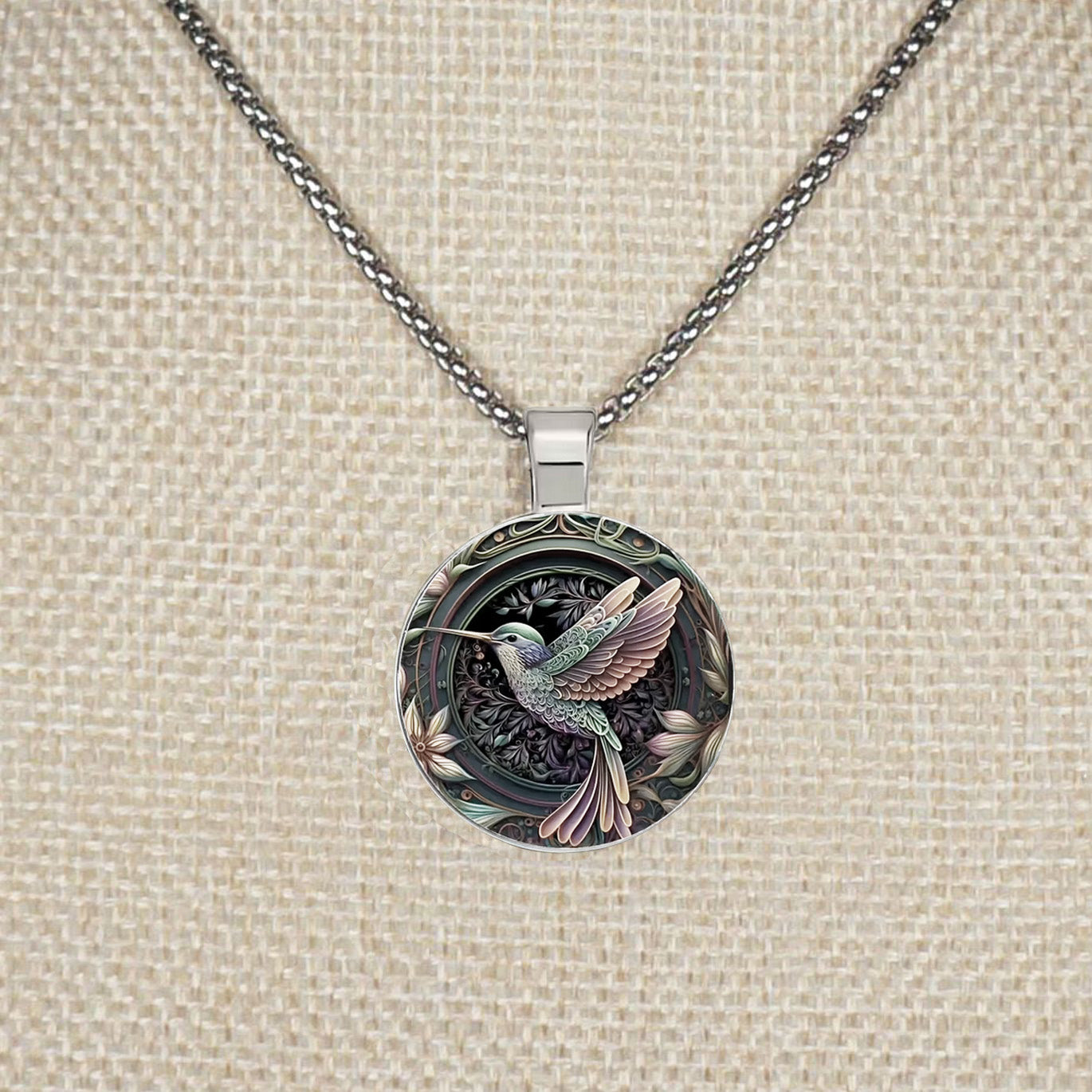 Intricate Highly Detailed Rainbow 2-D Hummingbird Boho Pendant, Stainless Steel Necklace, Length Choices