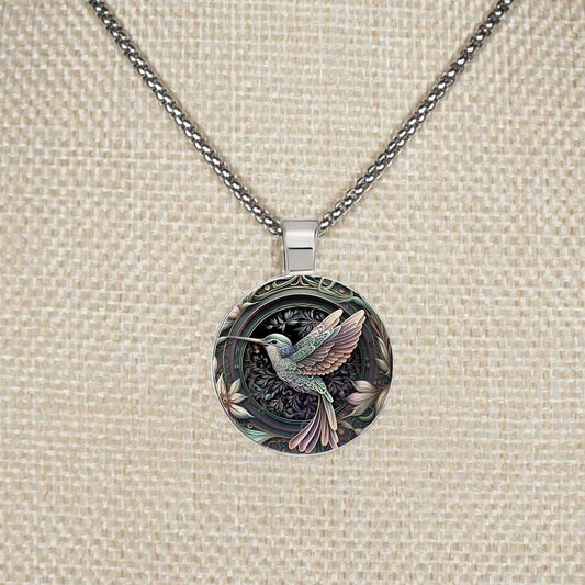 Intricate Highly Detailed Rainbow 2-D Hummingbird Boho Pendant, Stainless Steel Necklace, Length Choices