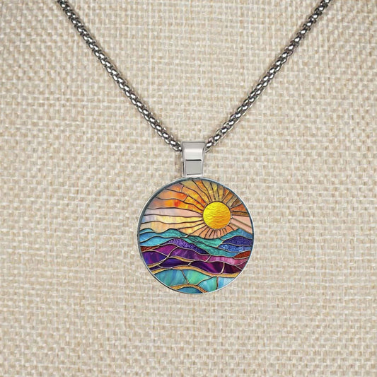 Intricate Highly Detailed Rainbow 2-D Stained Glass Look Sun Pendant, Stainless Steel Necklace, Length Choices