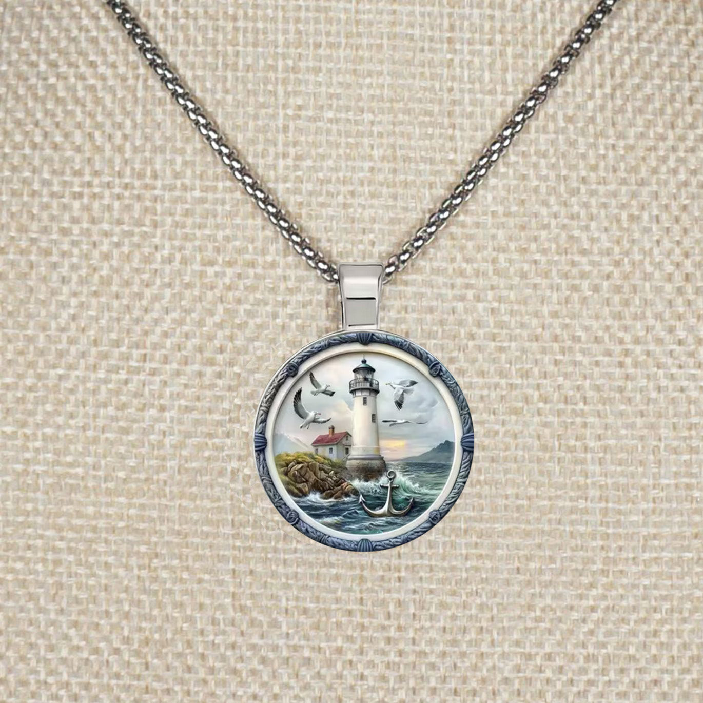 Intricate Highly Detailed Rainbow 2-D Lighthouse Pendant, Stainless Steel Necklace, Length Choices
