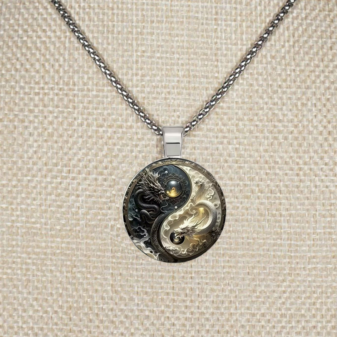 Intricate Highly Detailed 2-D Yin Yang Dragon Pendant, Stainless Steel Necklace, Length Choices
