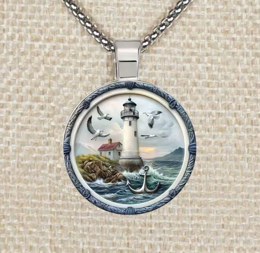 Intricate Highly Detailed Rainbow 2-D Lighthouse Pendant, Stainless Steel Necklace, Length Choices