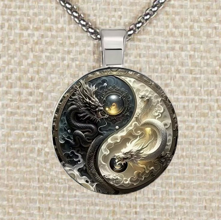 Intricate Highly Detailed 2-D Yin Yang Dragon Pendant, Stainless Steel Necklace, Length Choices