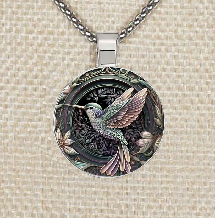 Intricate Highly Detailed Rainbow 2-D Hummingbird Boho Pendant, Stainless Steel Necklace, Length Choices