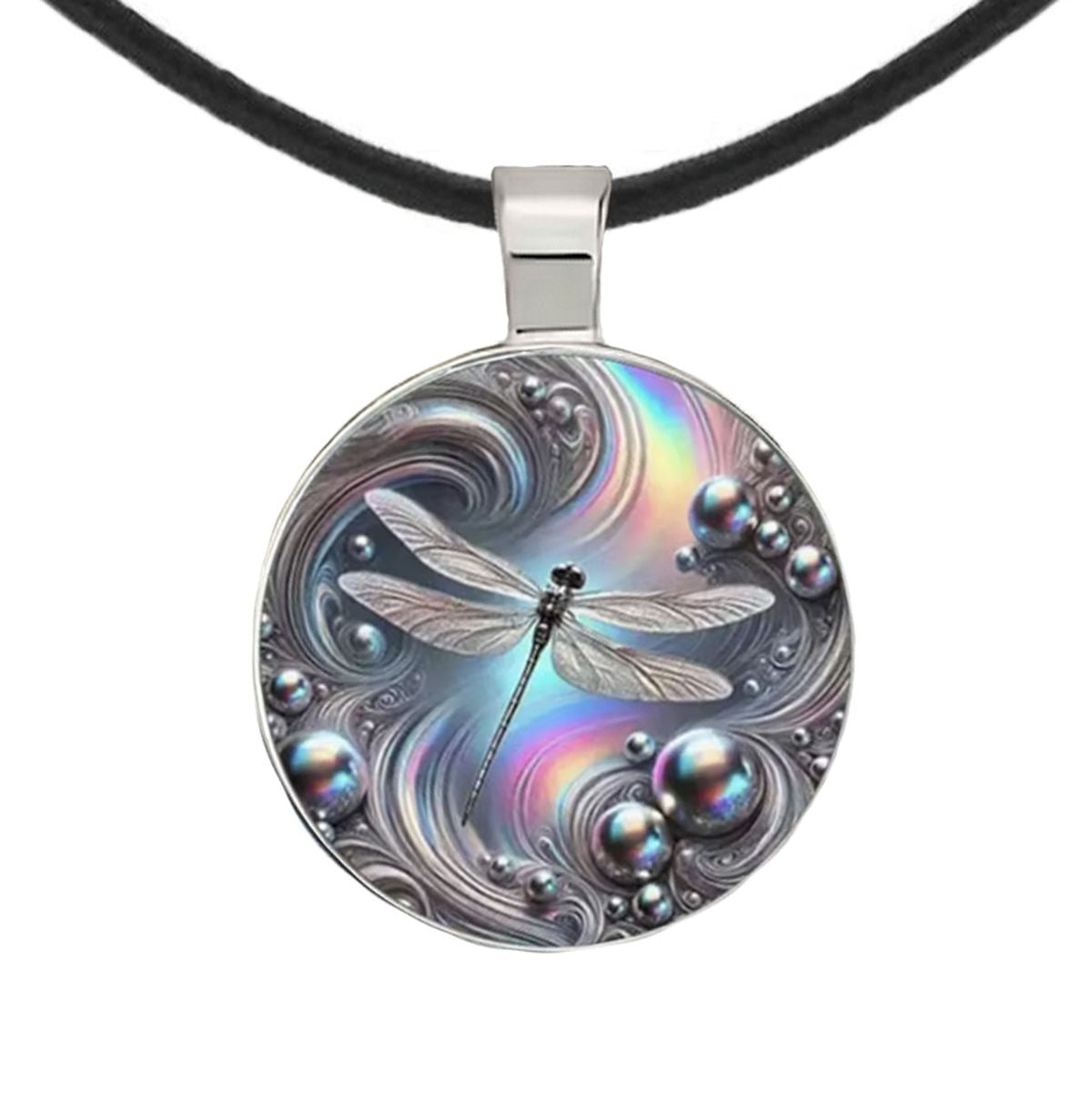 Mystical Rainbow 2-D Dragonfly High Detailed Pendant & Black Leather Cord Necklace, Length Choices, Gift for Her