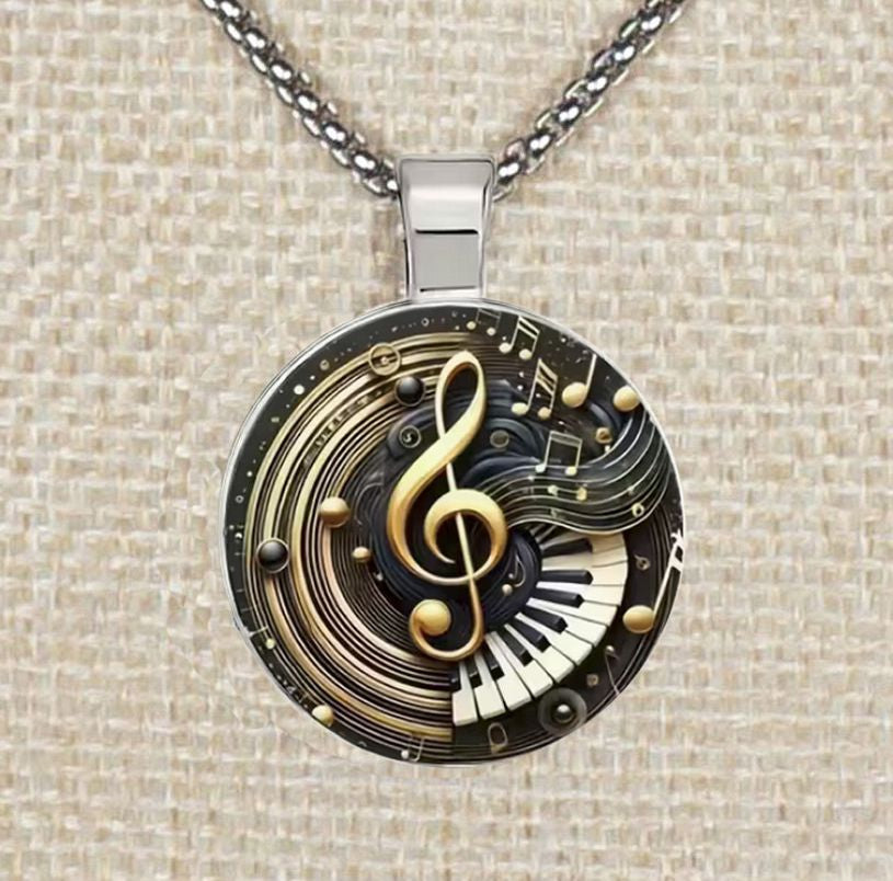 Intricate Highly Detailed 2-D Treble Clef Music Pendant, Stainless Steel Necklace, Length Choices