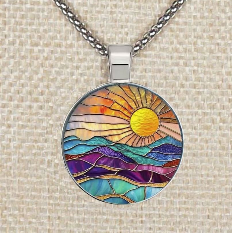 Intricate Highly Detailed Rainbow 2-D Stained Glass Look Sun Pendant, Stainless Steel Necklace, Length Choices