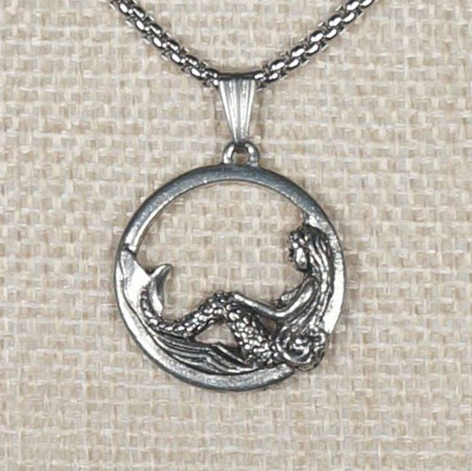 Silver High Detail Mermaid Boho Pendant, Stainless Steel Chain Necklace, Length Choices, Gift for Her