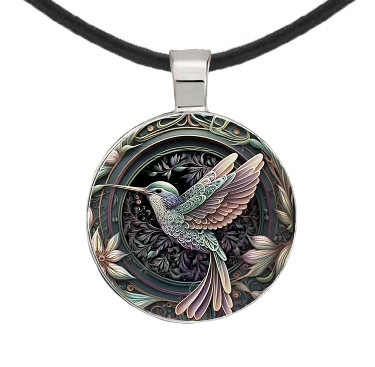 Intricate Highly Detailed 2-D Hummingbird Pendant Black Leather Cord Necklace, Length Choices, Gift for Her