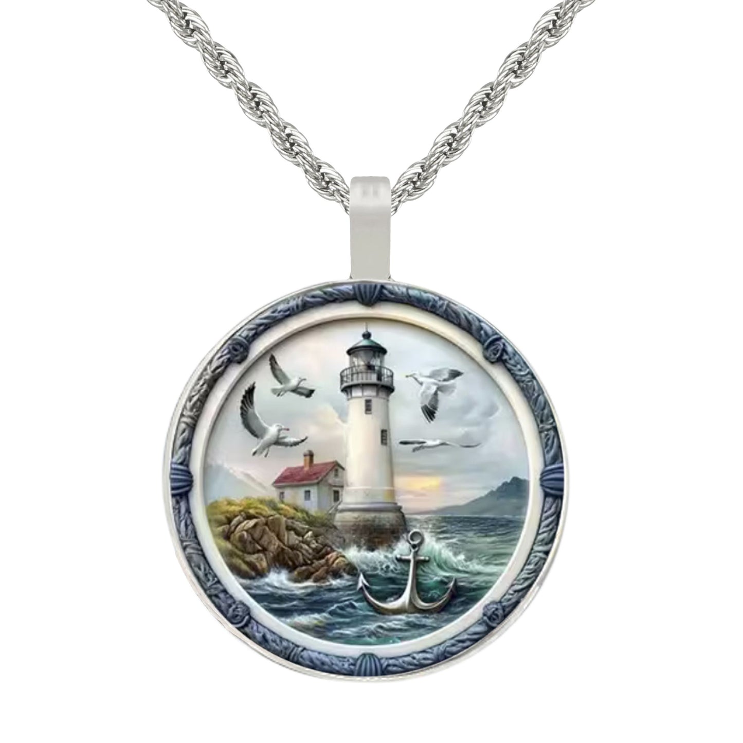 Intricate Highly Detailed Lighthouse Pendant on Stainless Steel Rope Chain, 20 Inch