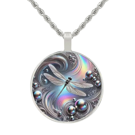 Intricate Highly Detailed Blue Rainbow Dragonfly Pendant on Stainless Steel Rope Chain, 20 Inch